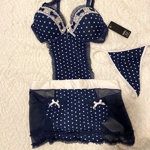 Nwt Blue polka dot apron style lingerie set